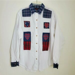 Faded Glory Denim & Plaid Patchwork Button Front Shirt Applique Hearts